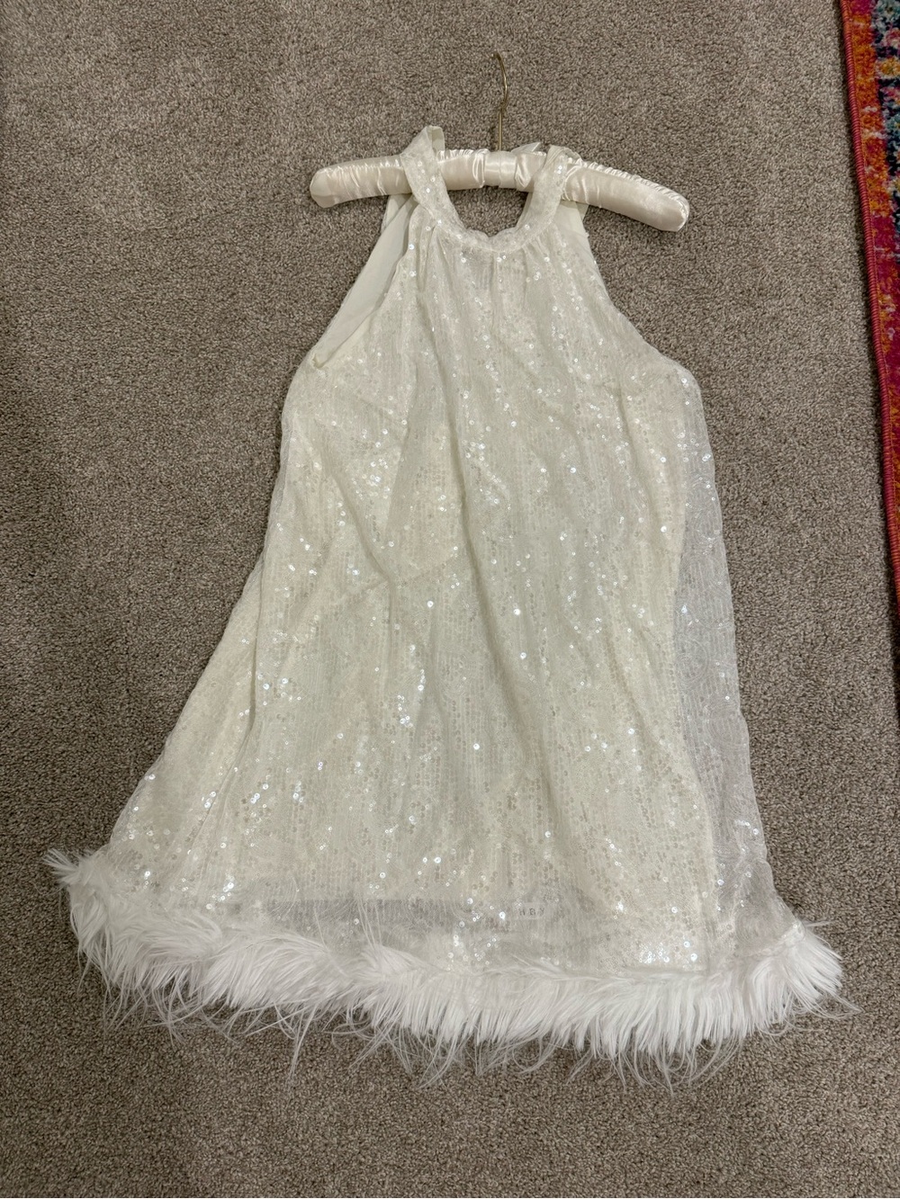 White Sequin Halter Wedding Dress with Feather Hem